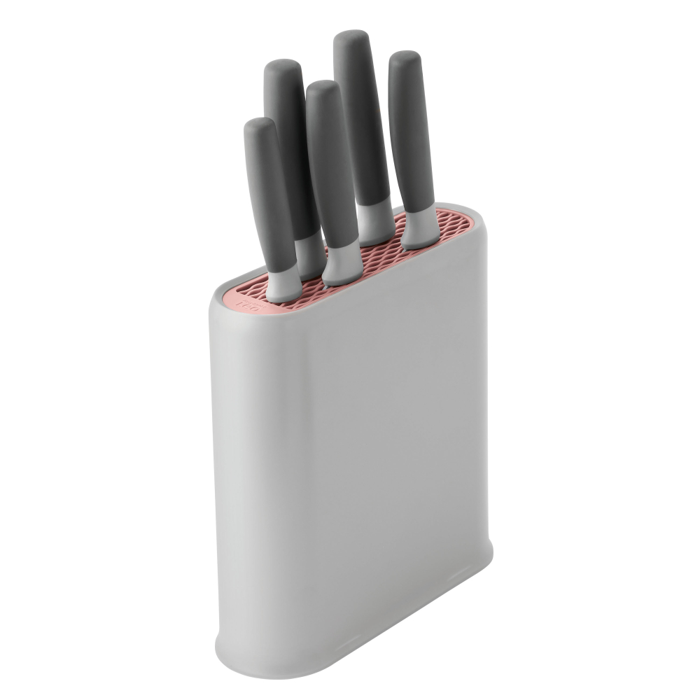 Set cuțite cu suport, 6 piese, Oțel, Plastic, Gri